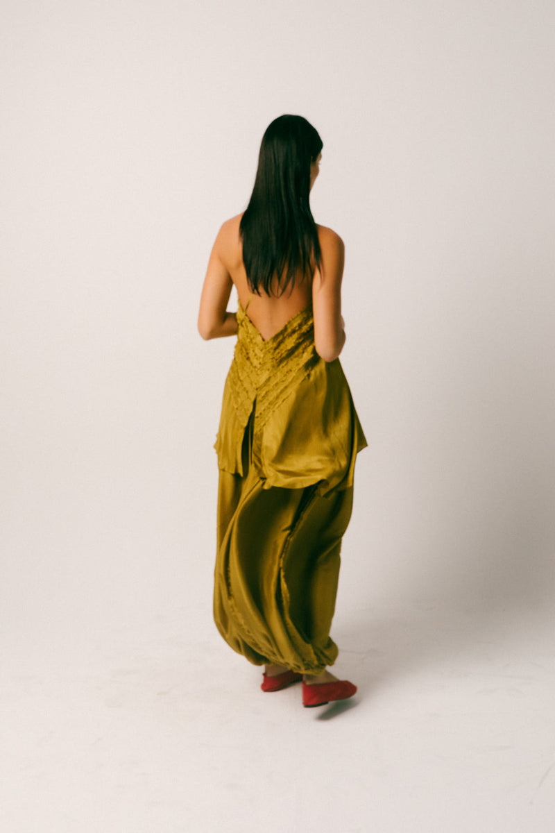 Sawah Baloon Pant Set habutai silk co-ord set by Ituvana in olive for women in Singapore