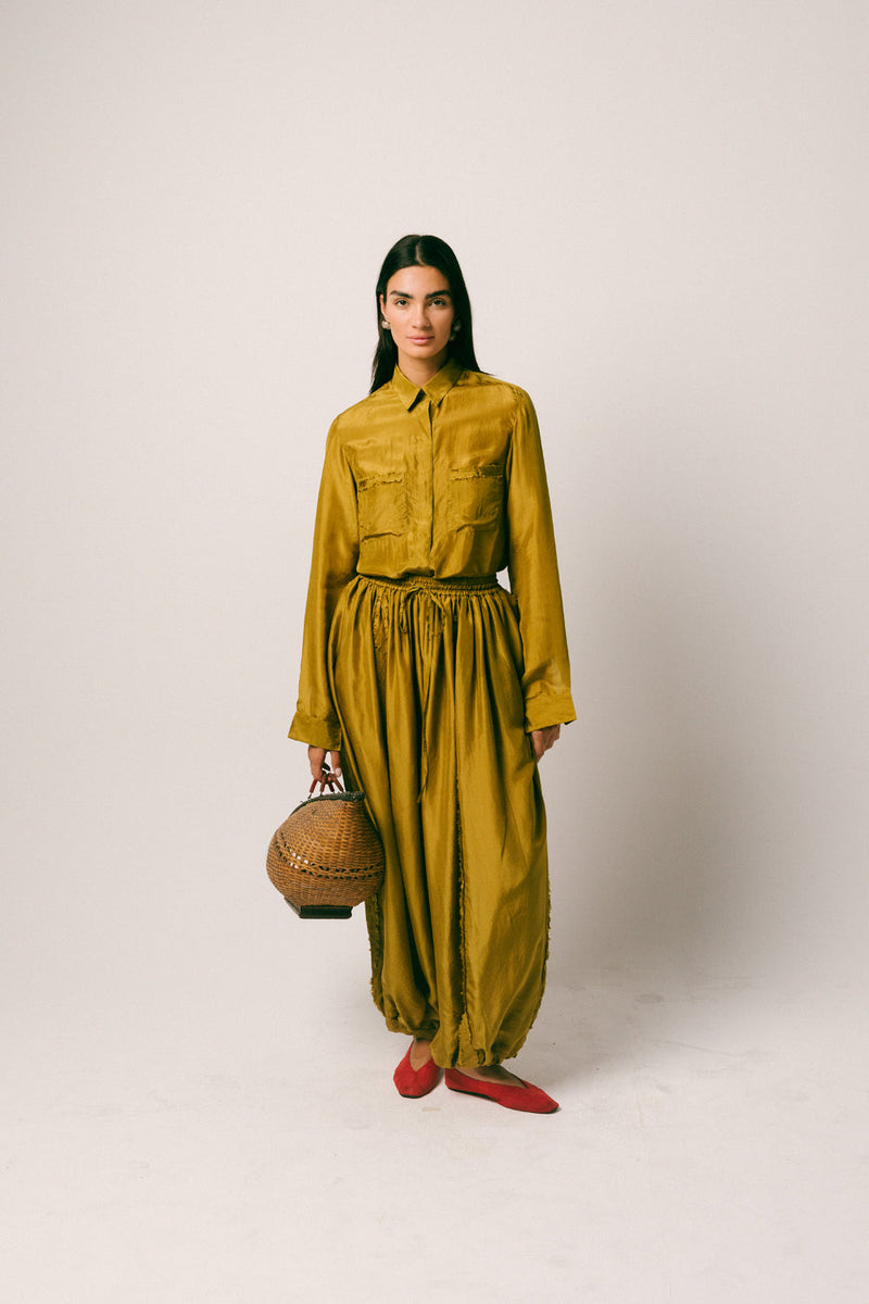 Cahaya Silk Pant Set habutai silk co-ord set by Ituvana in warm olive for women in Singapore