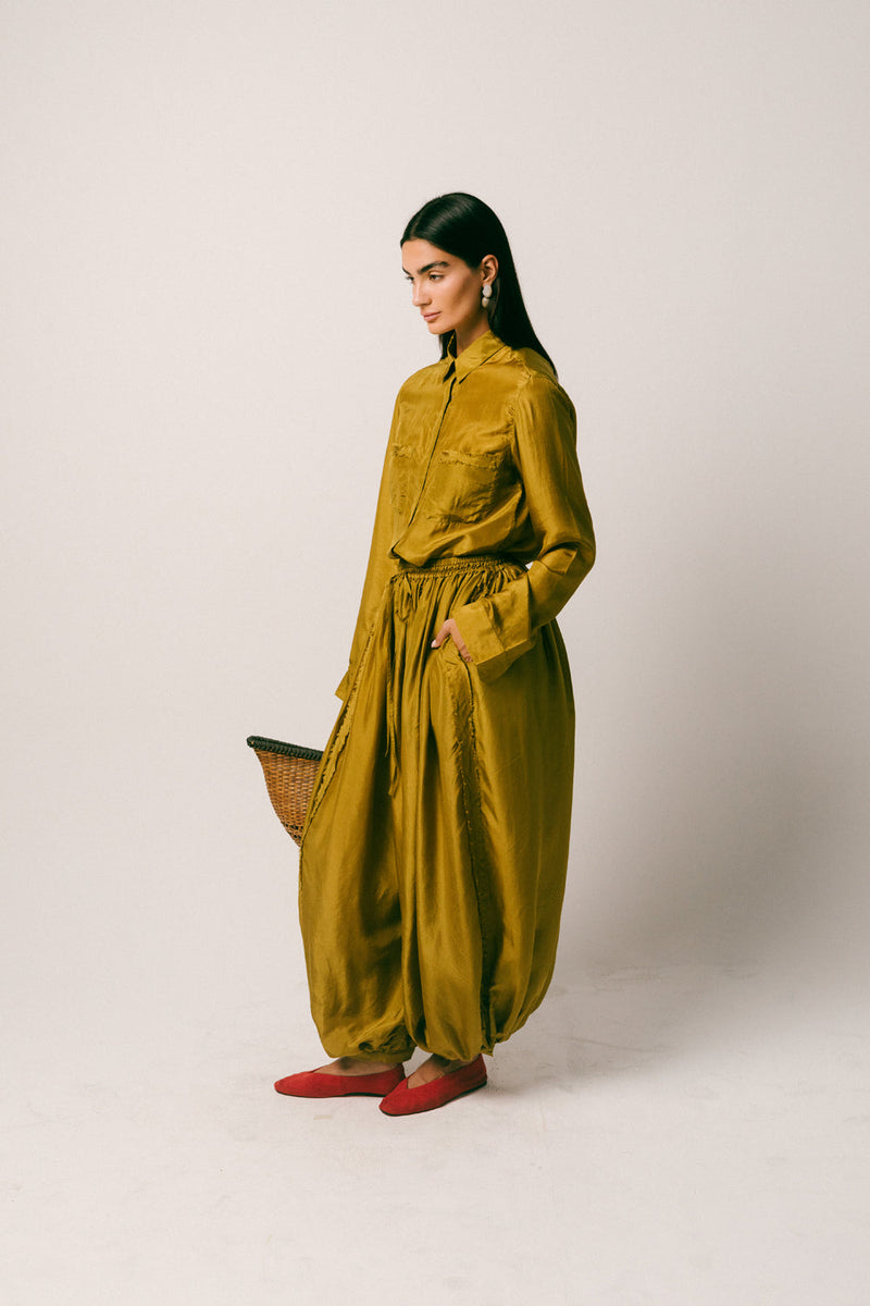 Cahaya Silk Pant Set habutai silk co-ord set by Ituvana in warm olive for women in Singapore