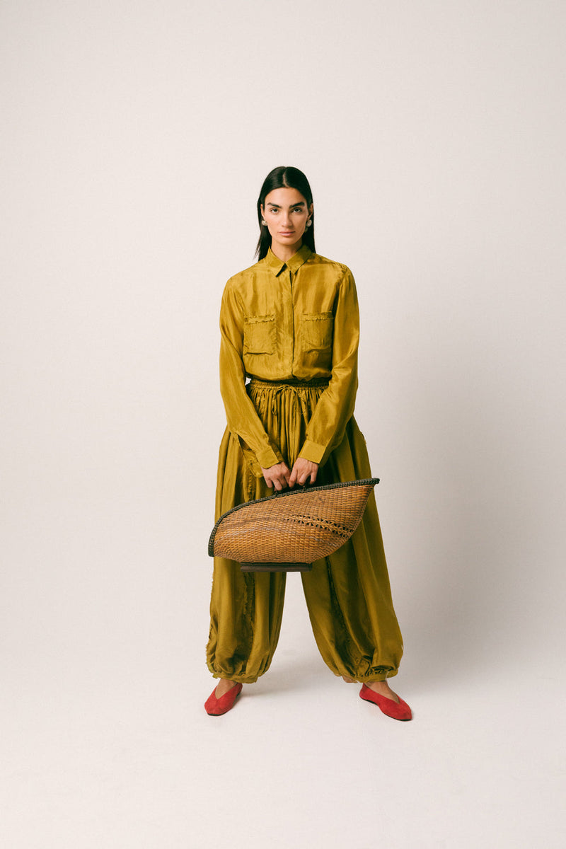 Cahaya Silk Pant Set habutai silk co-ord set by Ituvana in warm olive for women in Singapore