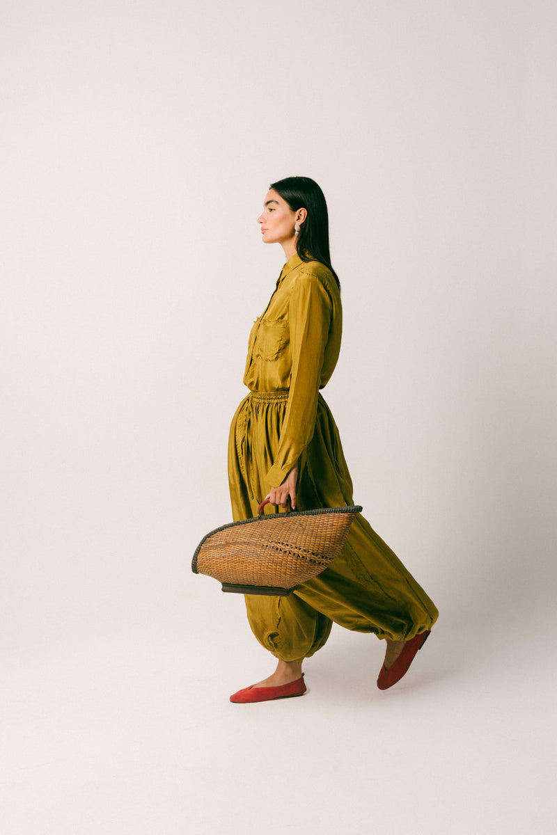 Cahaya Silk Pant Set habutai silk co-ord set by Ituvana in warm olive for women in Singapore