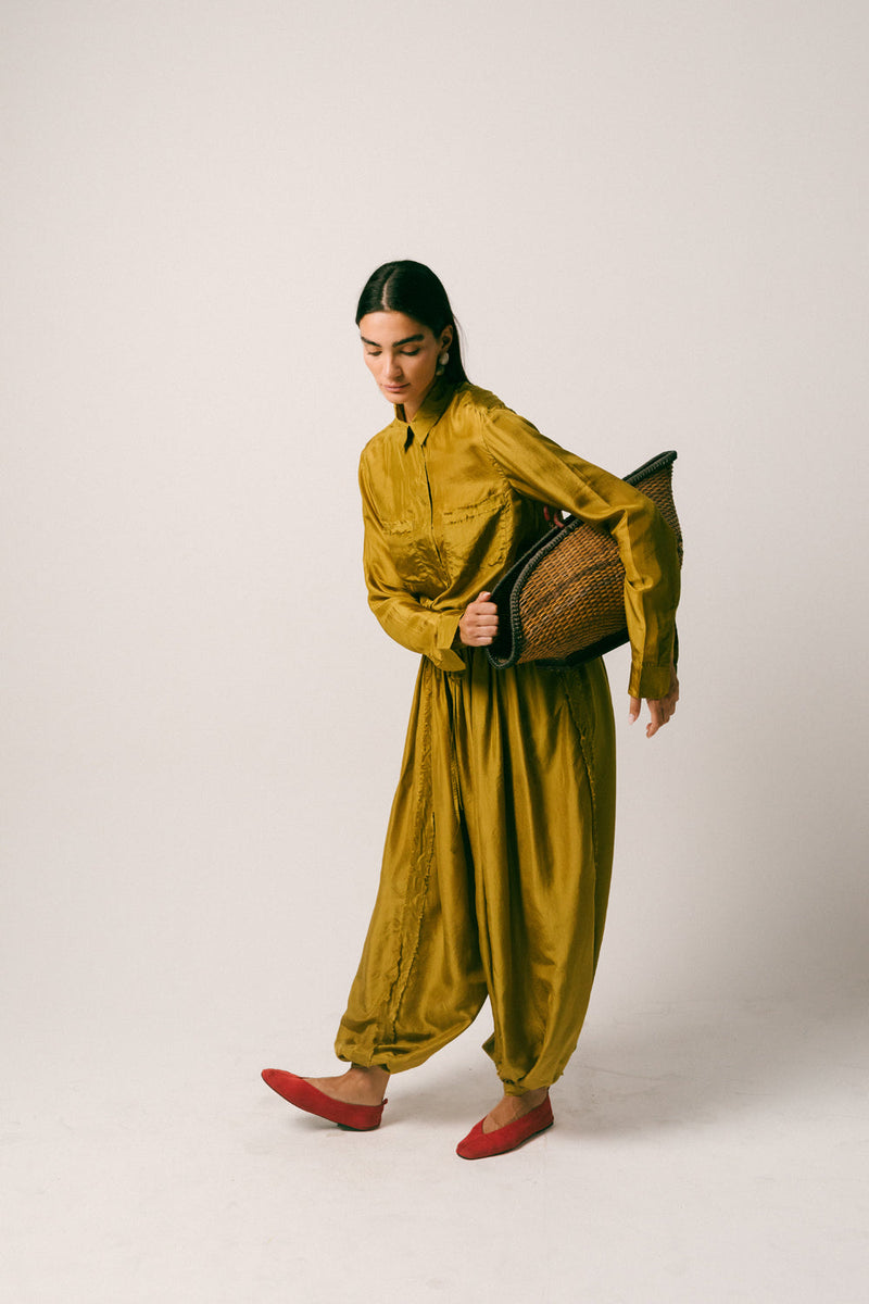 Cahaya Silk Pant Set habutai silk co-ord set by Ituvana in warm olive for women in Singapore
