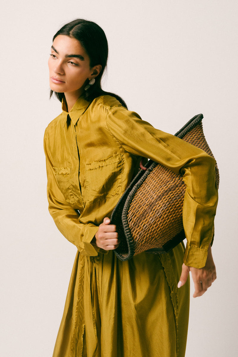 Cahaya Silk Pant Set habutai silk co-ord set by Ituvana in warm olive for women in Singapore