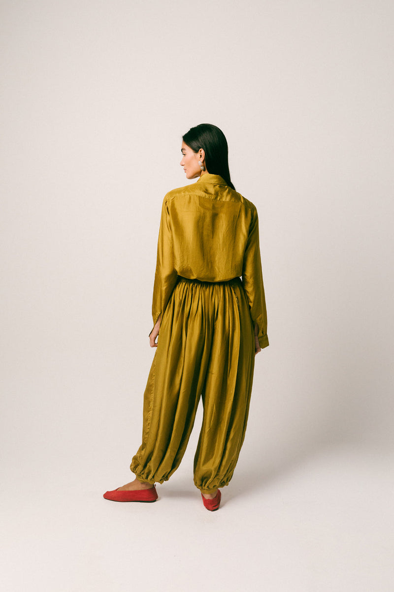 Cahaya Silk Pant Set habutai silk co-ord set by Ituvana in warm olive for women in Singapore