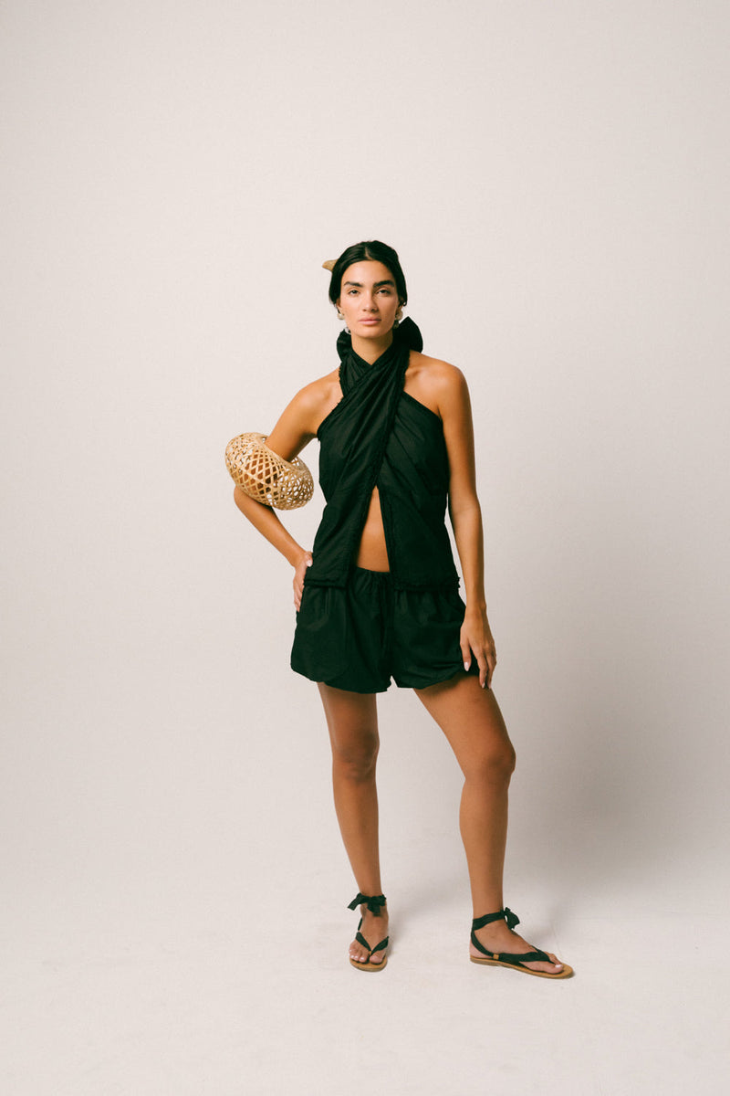 Hujan Cotton Short Set cambric cotton co-ord set by Ituvana in black for women in Singapore