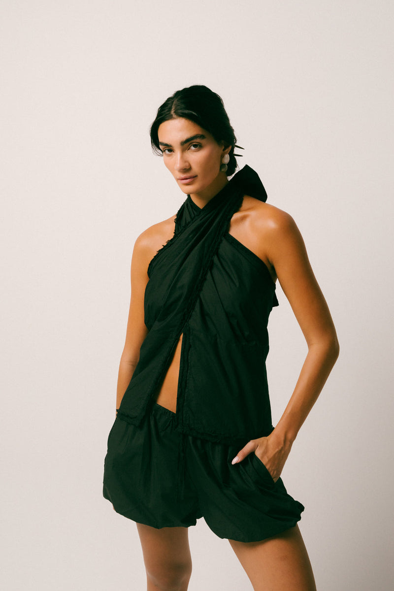 Hujan Cotton Short Set cambric cotton co-ord set by Ituvana in black for women in Singapore