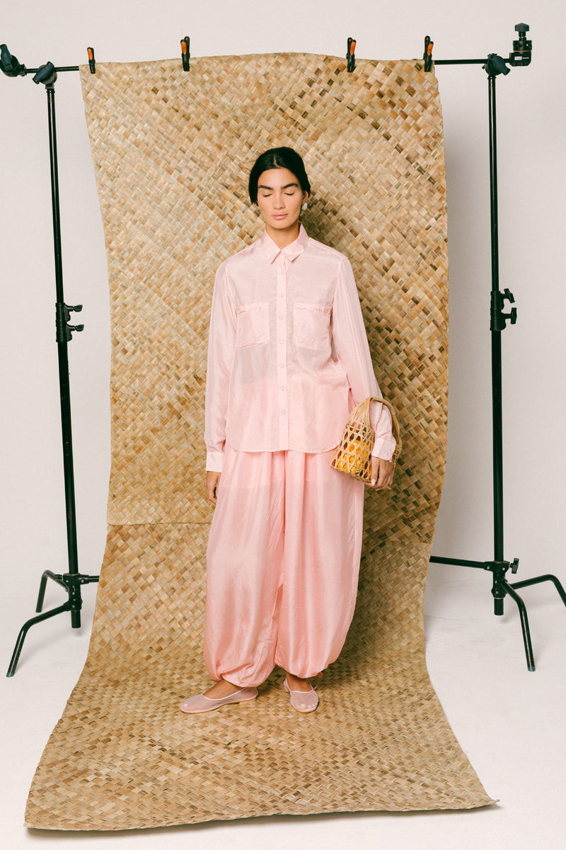 Manis Silk Balloon Set habutai silk co-ord set by Ituvana in pink for women in Singapore