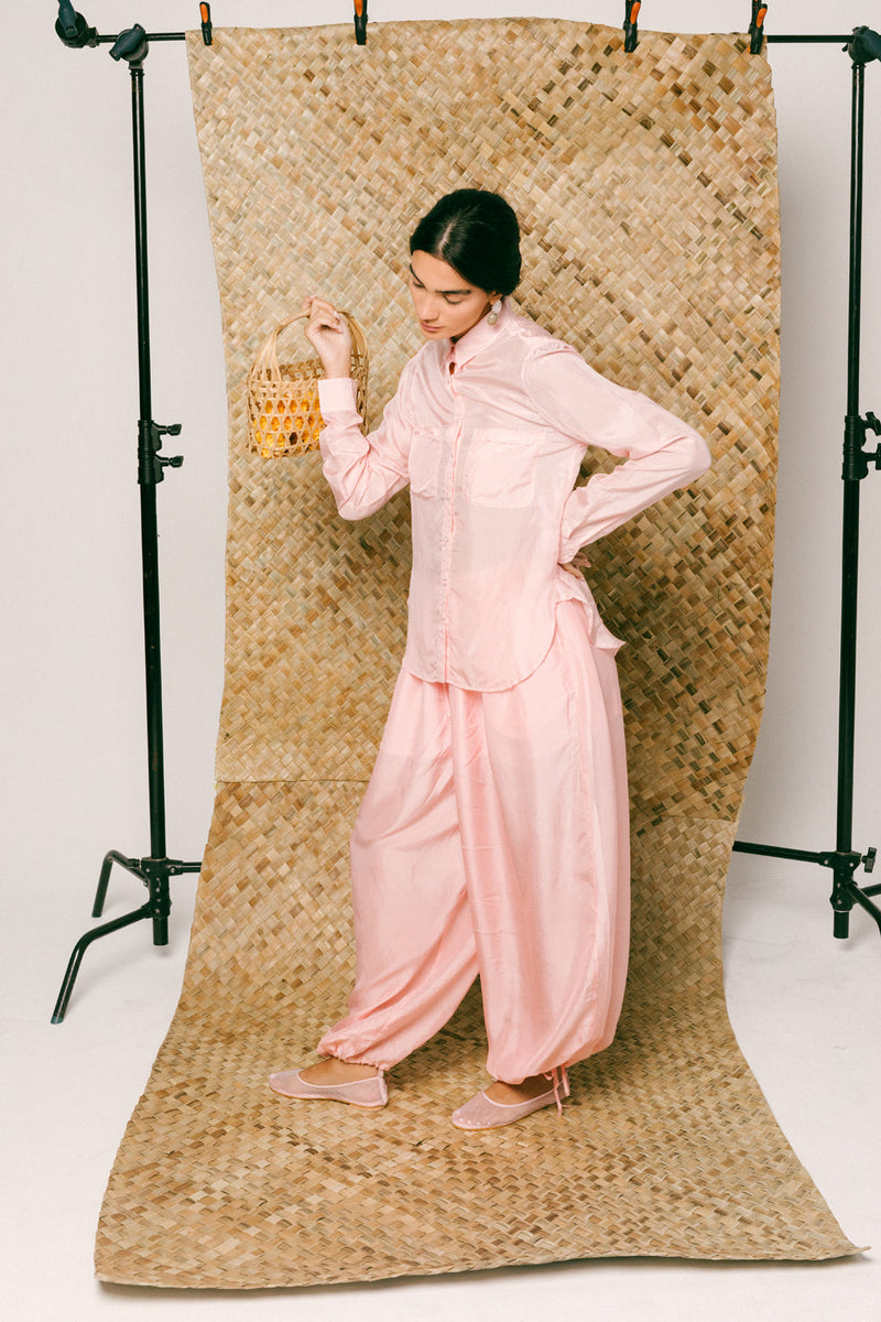 Manis Silk Balloon Set habutai silk co-ord set by Ituvana in pink for women in Singapore