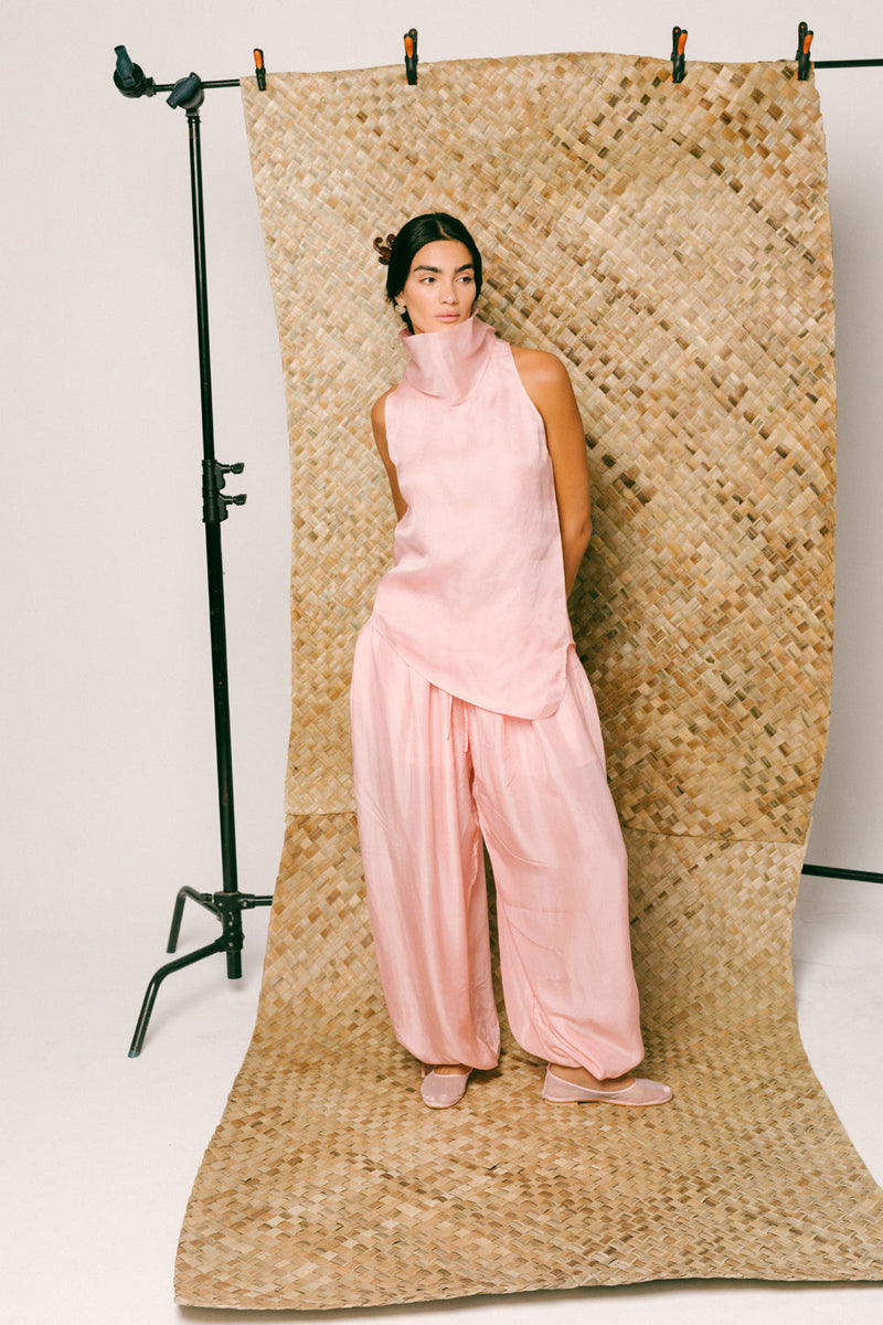 Mawar Silk Pant Set organza habutai silk co-ord set by Ituvana in pink for women in Singapore