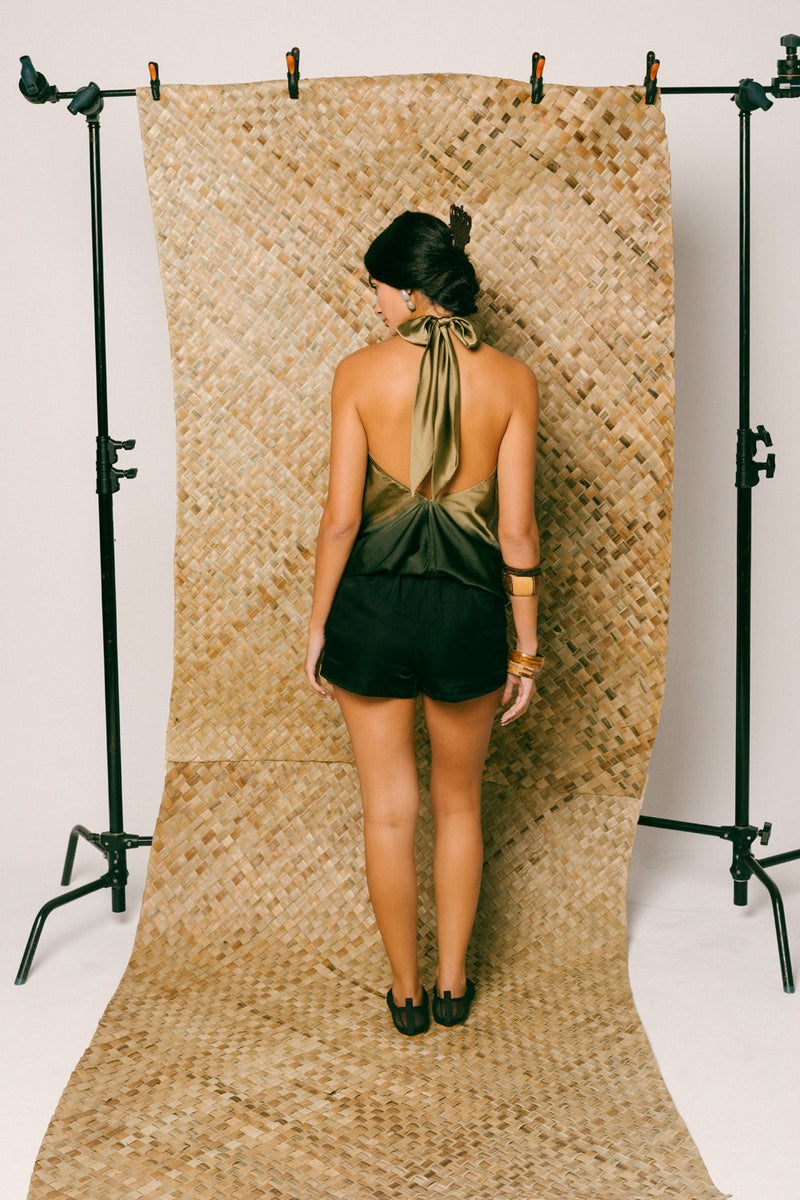 Senja Silk Short Set satin silk linen silk co-ord set by Ituvana in moss for women in Singapore