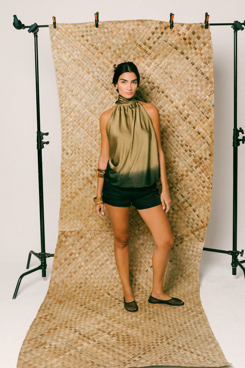 Senja Silk Short Set satin silk linen silk co-ord set by Ituvana in moss for women in Singapore