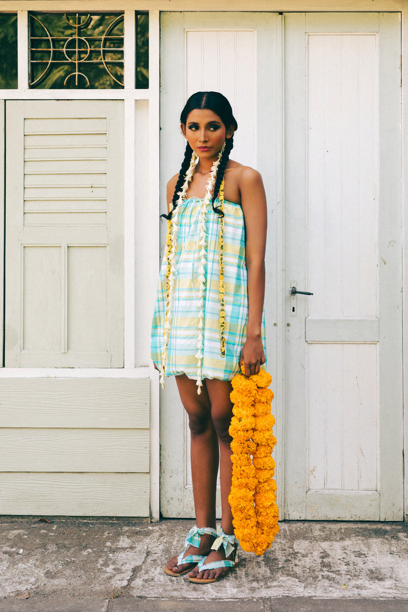 Pelangi Cotton Balloon Dress madras cotton dress by Ituvana in cyan for women in Singapore