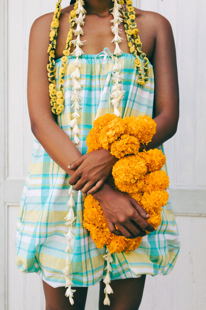 Pelangi Cotton Balloon Dress madras cotton dress by Ituvana in cyan for women in Singapore
