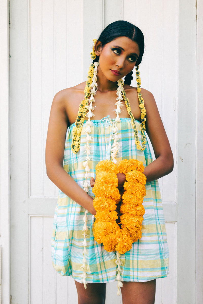 Pelangi Cotton Balloon Dress madras cotton dress by Ituvana in cyan for women in Singapore
