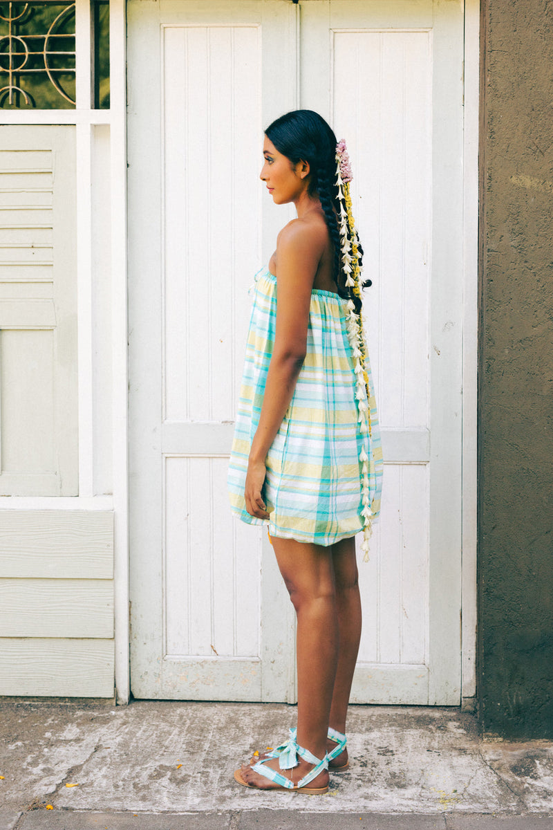 Pelangi Cotton Balloon Dress madras cotton dress by Ituvana in cyan for women in Singapore