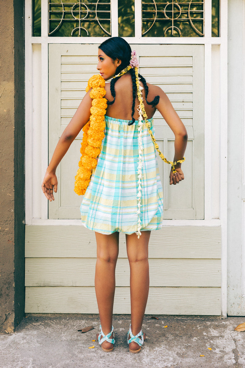 Pelangi Cotton Balloon Dress madras cotton dress by Ituvana in cyan for women in Singapore