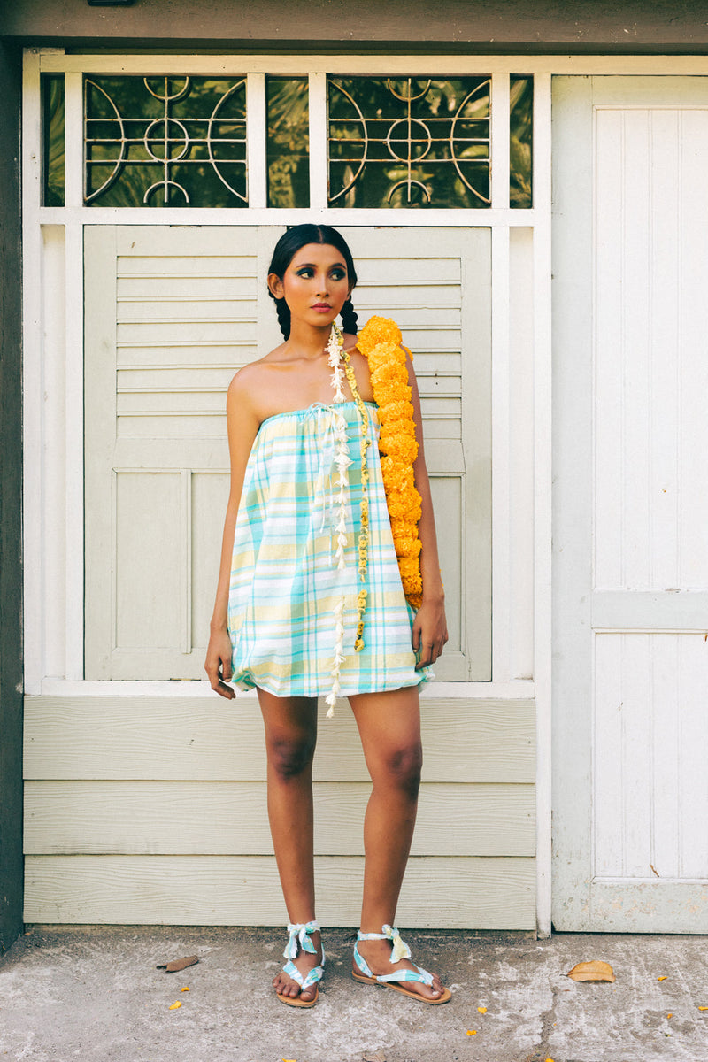 Pelangi Cotton Balloon Dress madras cotton dress by Ituvana in cyan for women in Singapore