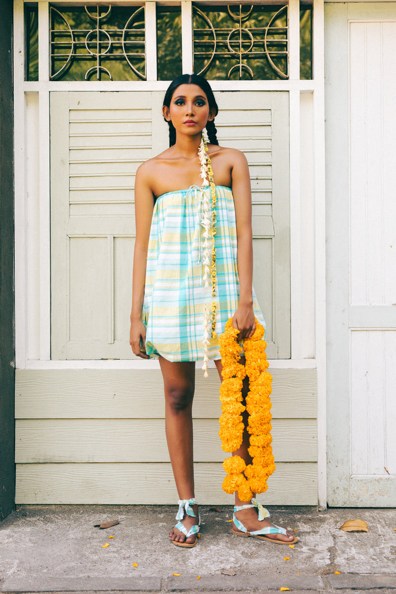 Pelangi Cotton Balloon Dress madras cotton dress by Ituvana in cyan for women in Singapore