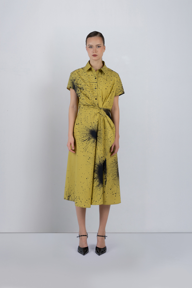 WRAP DRESS IN SPLATTER PRINT - Black + Lime Yellow dress by Leh Studios in black for women in Singapore