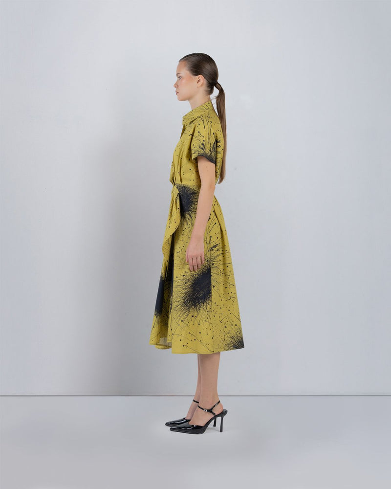 WRAP DRESS IN SPLATTER PRINT - Black + Lime Yellow dress by Leh Studios in black for women in Singapore