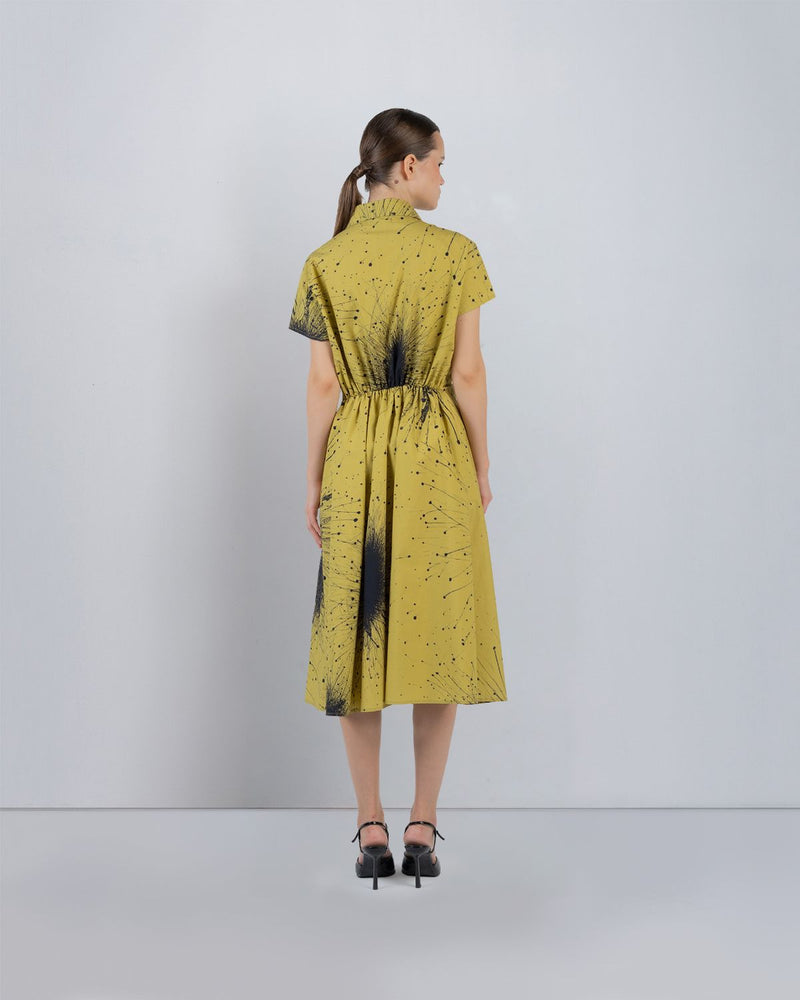 WRAP DRESS IN SPLATTER PRINT - Black + Lime Yellow dress by Leh Studios in black for women in Singapore