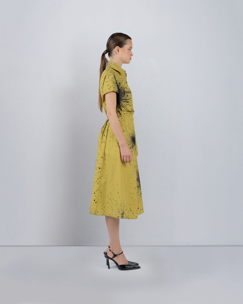 WRAP DRESS IN SPLATTER PRINT - Black + Lime Yellow dress by Leh Studios in black for women in Singapore