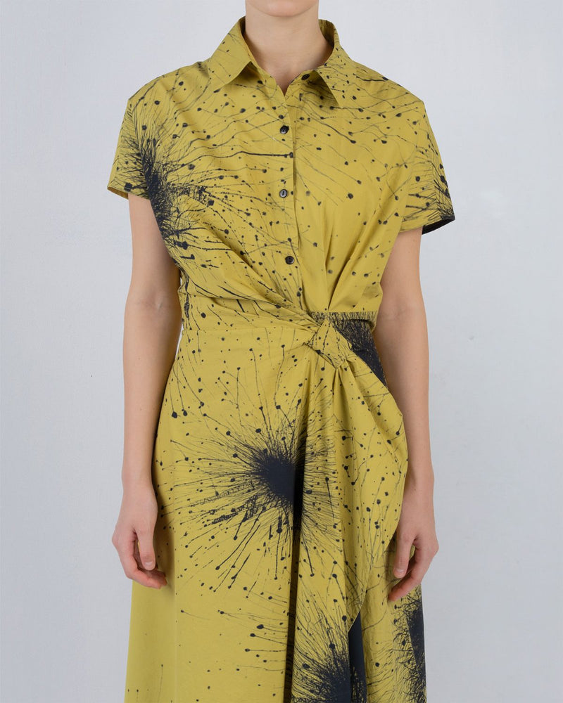WRAP DRESS IN SPLATTER PRINT - Black + Lime Yellow dress by Leh Studios in black for women in Singapore