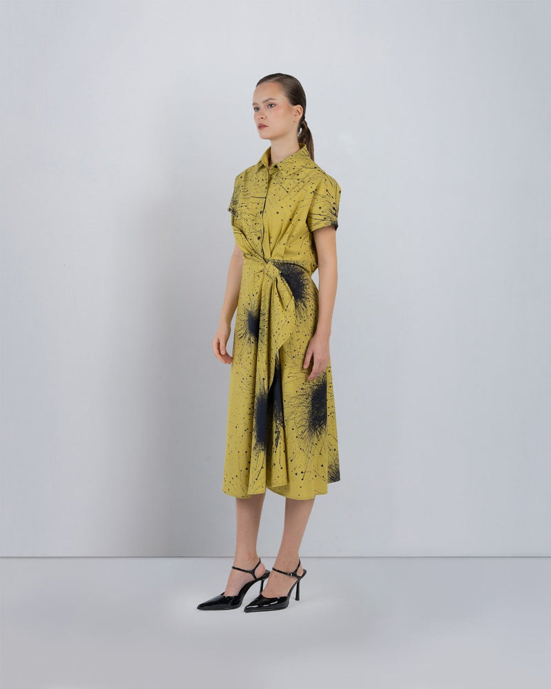 WRAP DRESS IN SPLATTER PRINT - Black + Lime Yellow dress by Leh Studios in black for women in Singapore