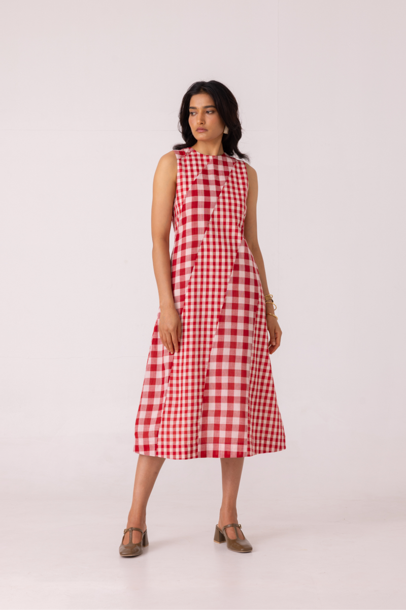Waltz Red Checkered Handwoven Dress cotton by The Summer House for women in Singapore