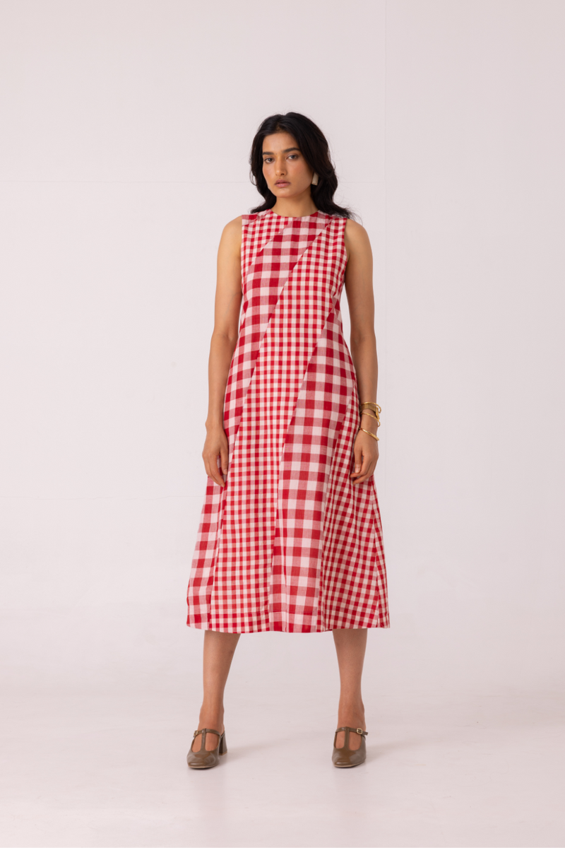 Waltz Red Checkered Handwoven Dress cotton by The Summer House for women in Singapore
