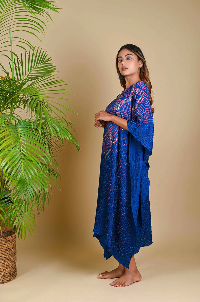 WAVE SEQUENCE KAFTAN-BLUE silk by Dyelogue in blue color for women in Singapore