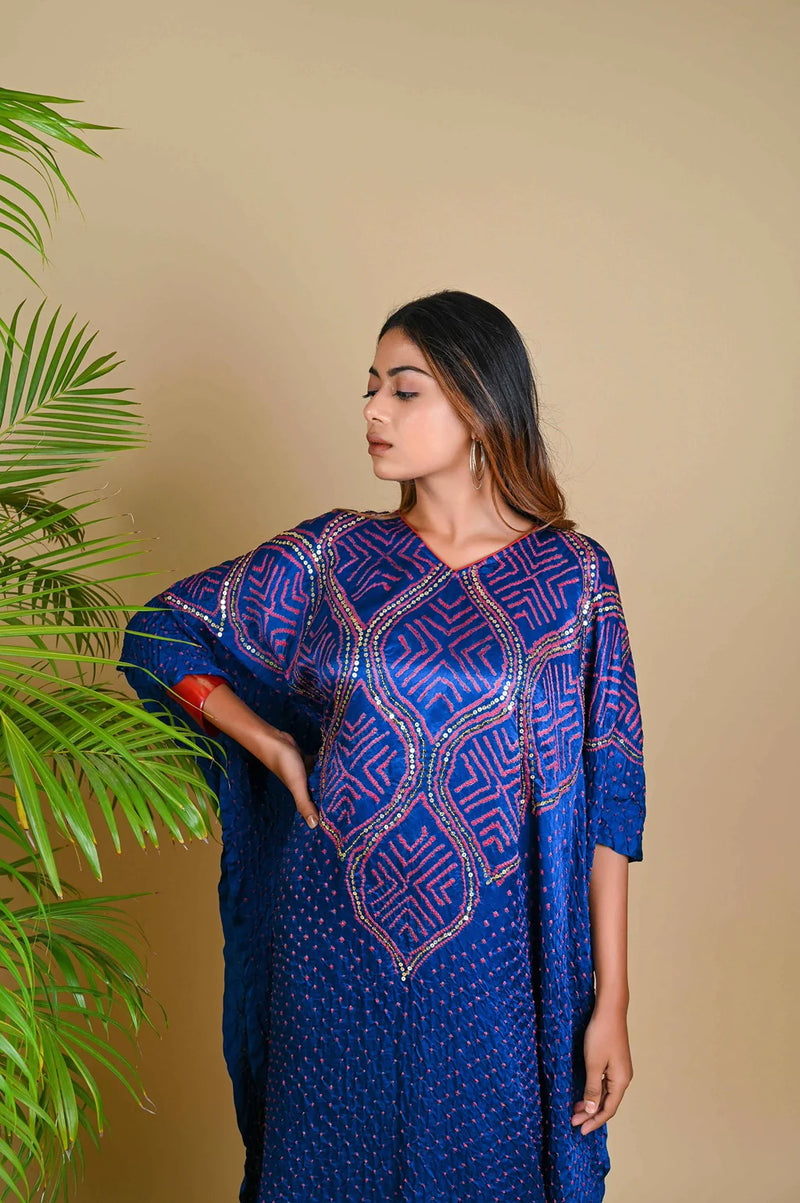 WAVE SEQUENCE KAFTAN-BLUE silk by Dyelogue in blue color for women in Singapore