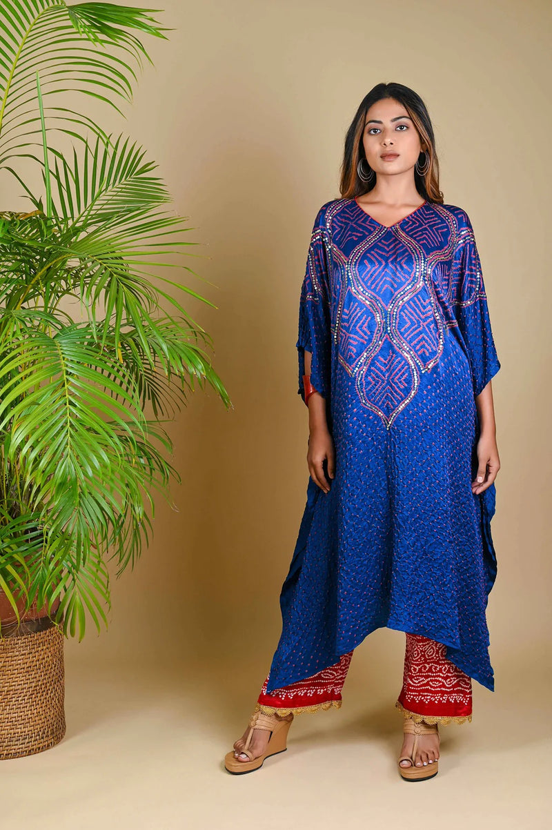 WAVE SEQUENCE KAFTAN-BLUE silk by Dyelogue in blue color for women in Singapore