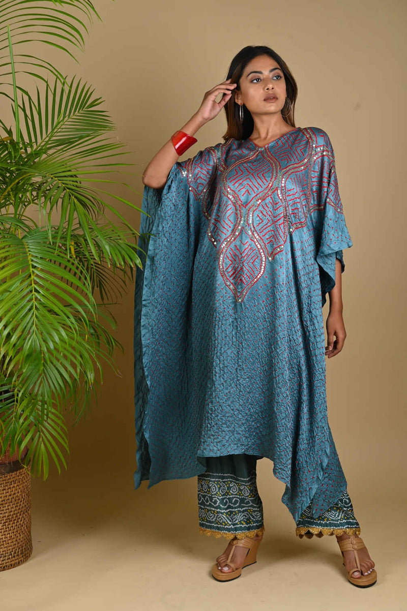 WAVE SEQUENCE KAFTAN-GREY silk by Dyelogue in grey color for women in Singapore