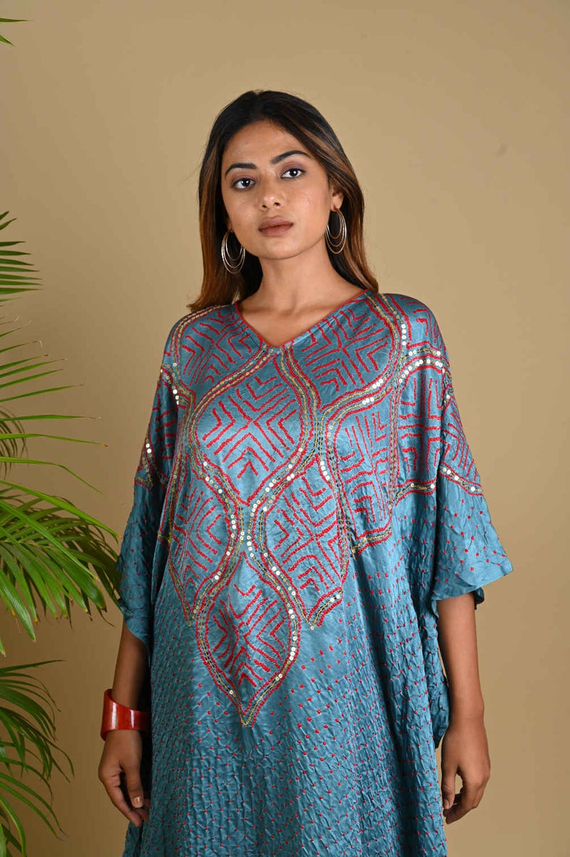 WAVE SEQUENCE KAFTAN-GREY silk by Dyelogue in grey color for women in Singapore