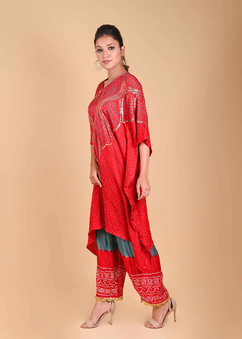 WAVE SEQUENCE KAFTAN-RED silk by Dyelogue in red color for women in Singapore