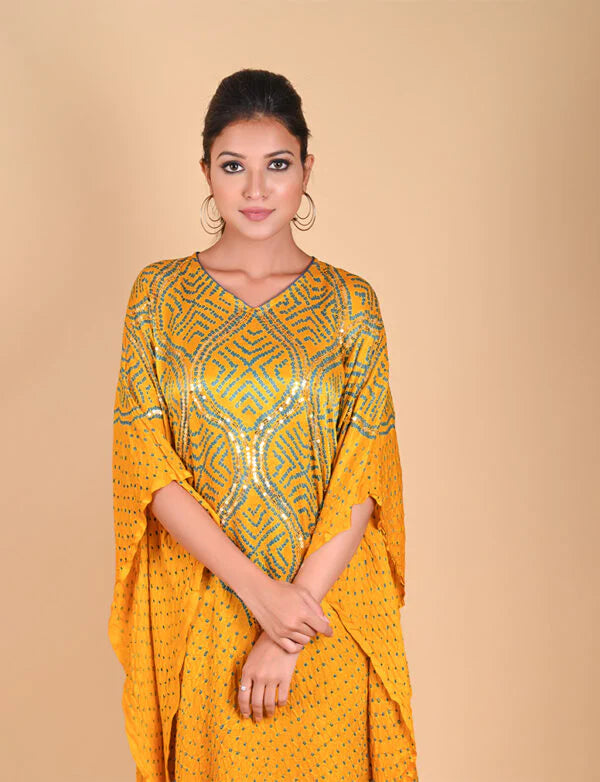 WAVE SEQUENCE KAFTAN-YELLOW silk by Dyelogue in yellow color for women in Singapore