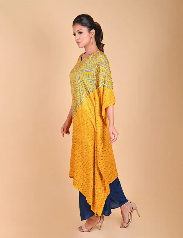 WAVE SEQUENCE KAFTAN-YELLOW silk by Dyelogue in yellow color for women in Singapore