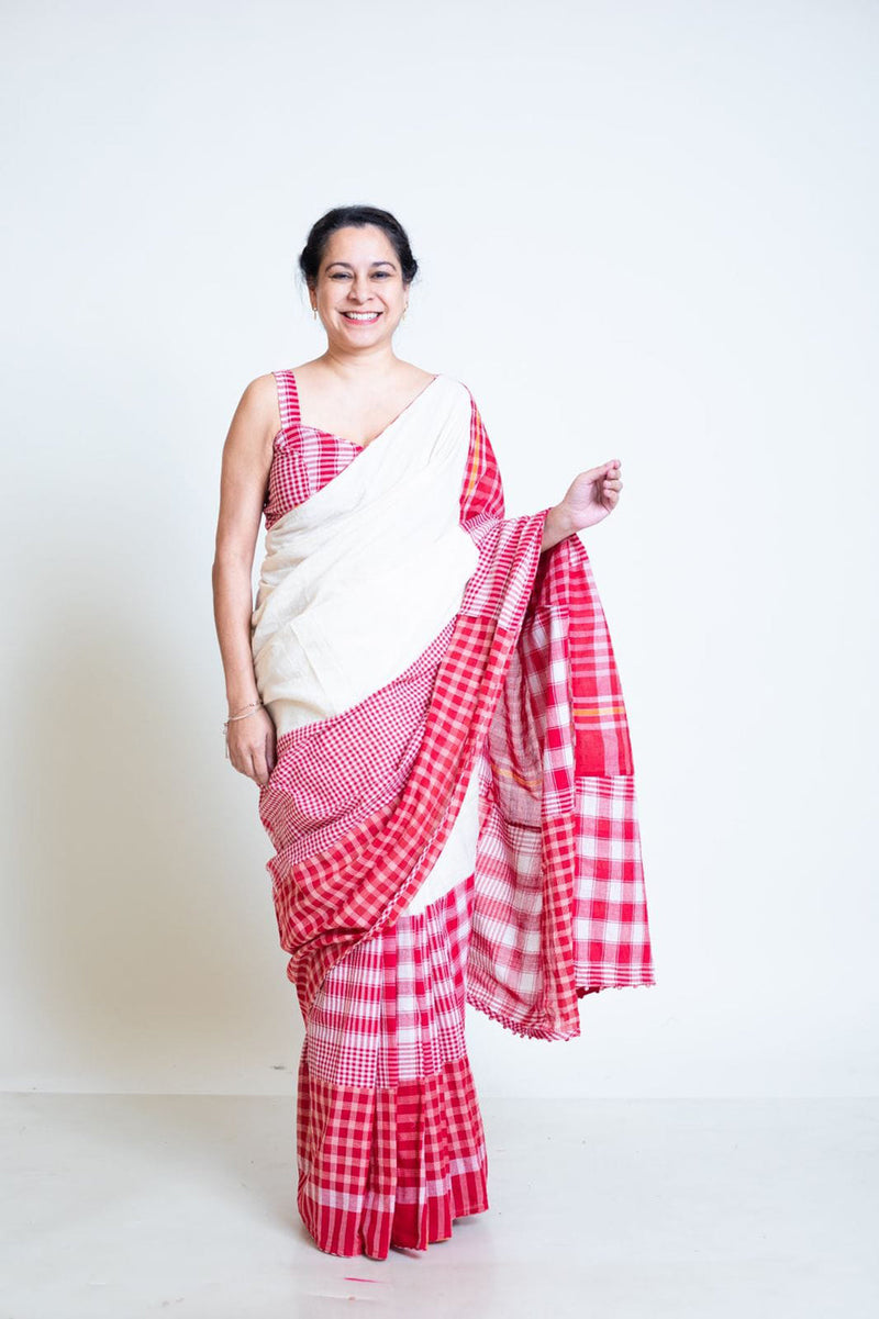 The Festive Fiesta Saree cotton,gamcha saree by 145 East in white, red for women in Singapore