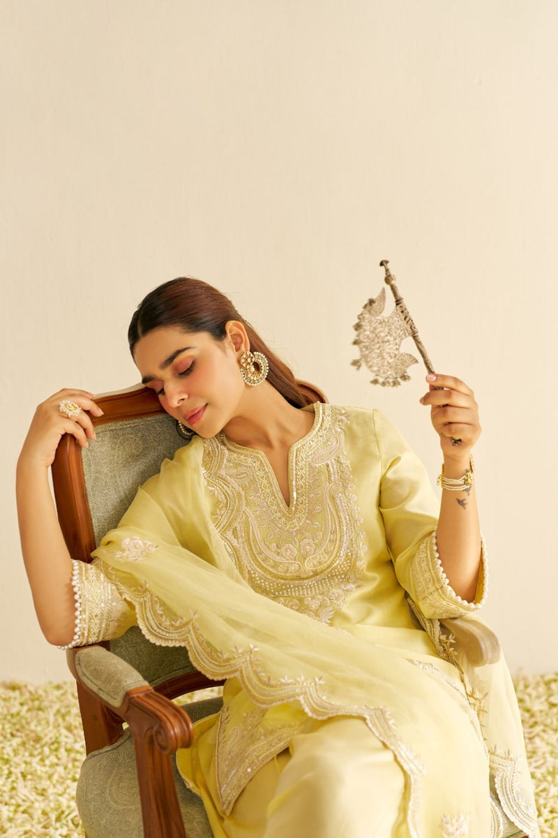 Sara - Short Kurta With Salwar And Dupatta-Lemon Yellow silk by SHEETAL BATRA in yellow color for women in Singapore