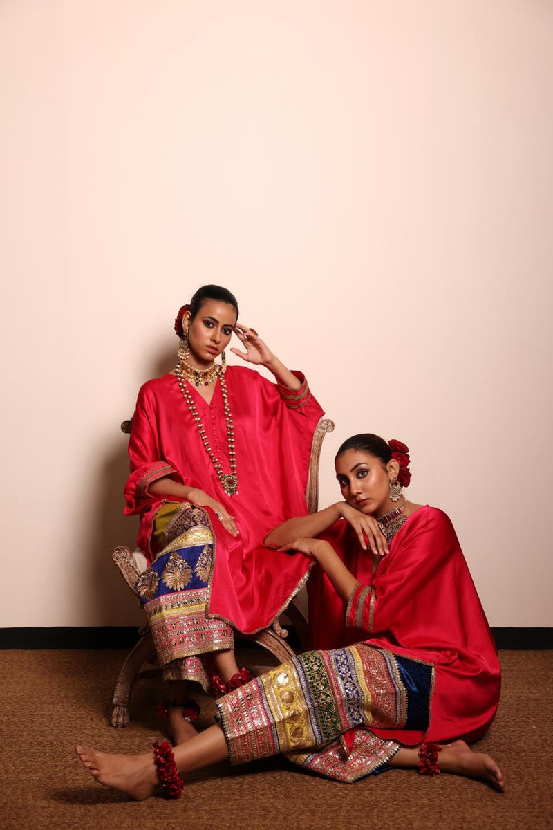 Multi Border Izhaar-Coral Tunic/ Electric Blue Farshi satin kurta/kurta set by Sabo by Sabina in blue, pink for women in Singapore