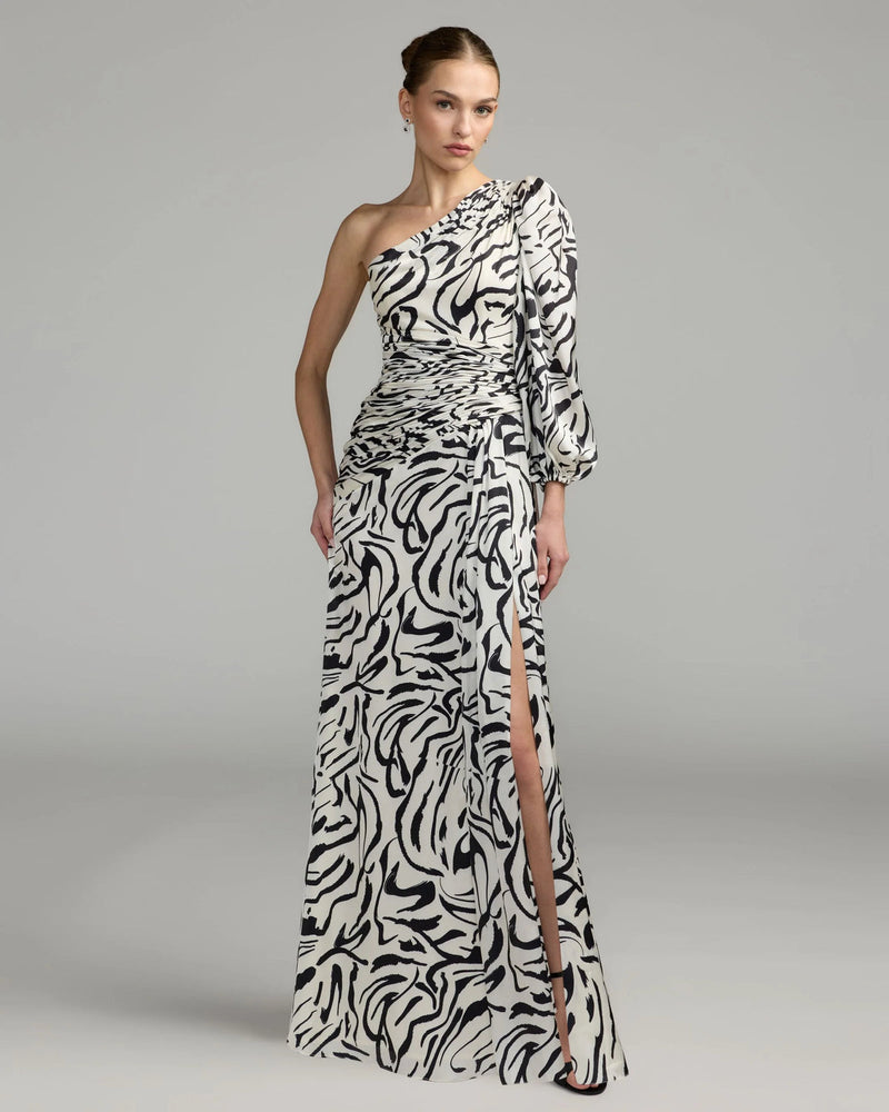 2634-White Abstract Print One Shoulder Charmeuse Gown With Slit polyester cocktail-and-party-dresses by Mac Duggal in multi-color for women in Singapore