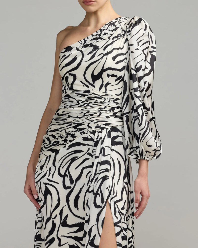 2634-White Abstract Print One Shoulder Charmeuse Gown With Slit polyester cocktail-and-party-dresses by Mac Duggal in multi-color for women in Singapore