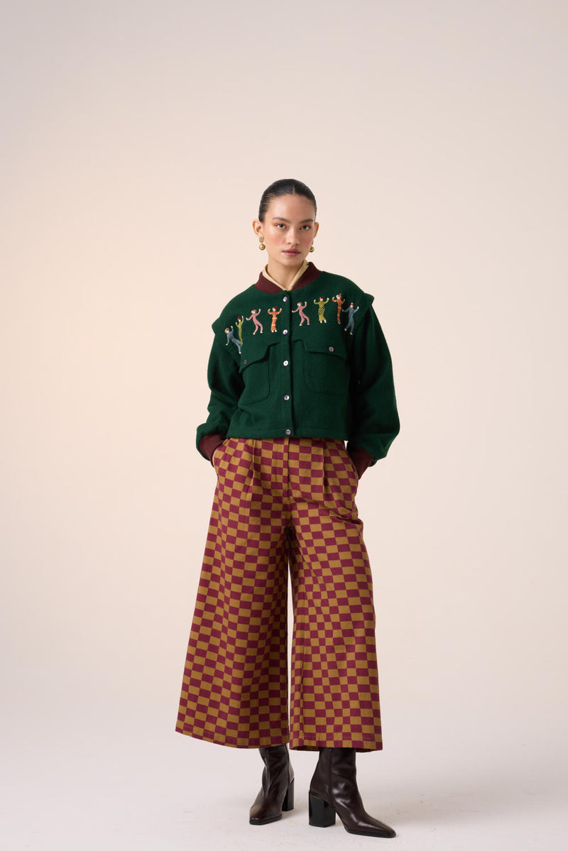 WIDE LEG PANT -MAROON-OLIVE CHECKS cotton by CORD for women in Singapore