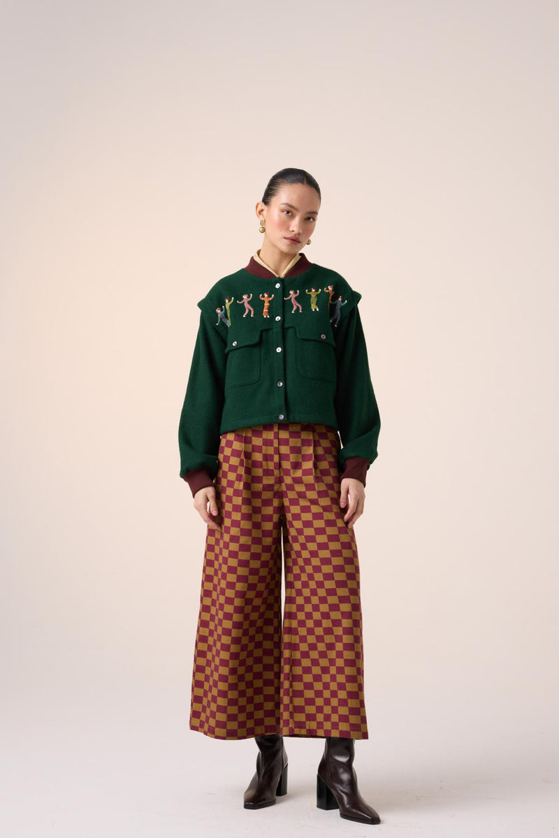 WIDE LEG PANT -MAROON-OLIVE CHECKS cotton by CORD for women in Singapore
