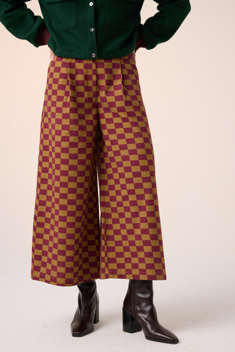 WIDE LEG PANT -MAROON-OLIVE CHECKS cotton by CORD for women in Singapore