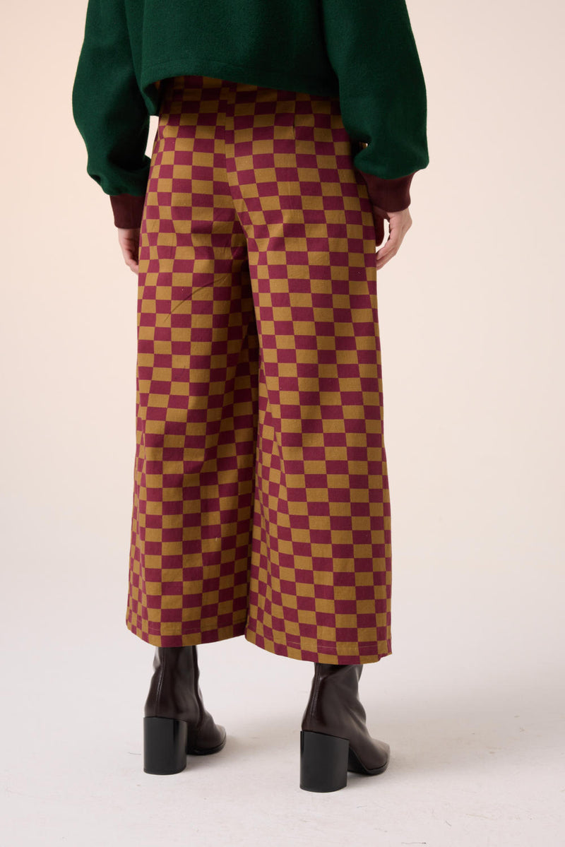 WIDE LEG PANT -MAROON-OLIVE CHECKS cotton by CORD for women in Singapore