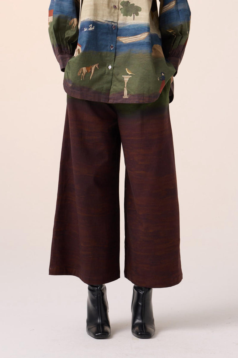 WIDE LEG PANT -MAROON OLIVE VILLAGE PRINT cotton by CORD for women in Singapore