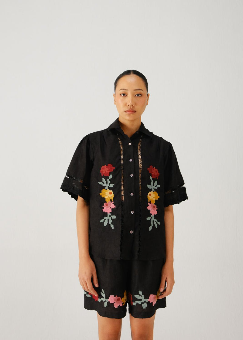 Wide leg shorts-Black pixel emb. linen by CORD for women in Singapore