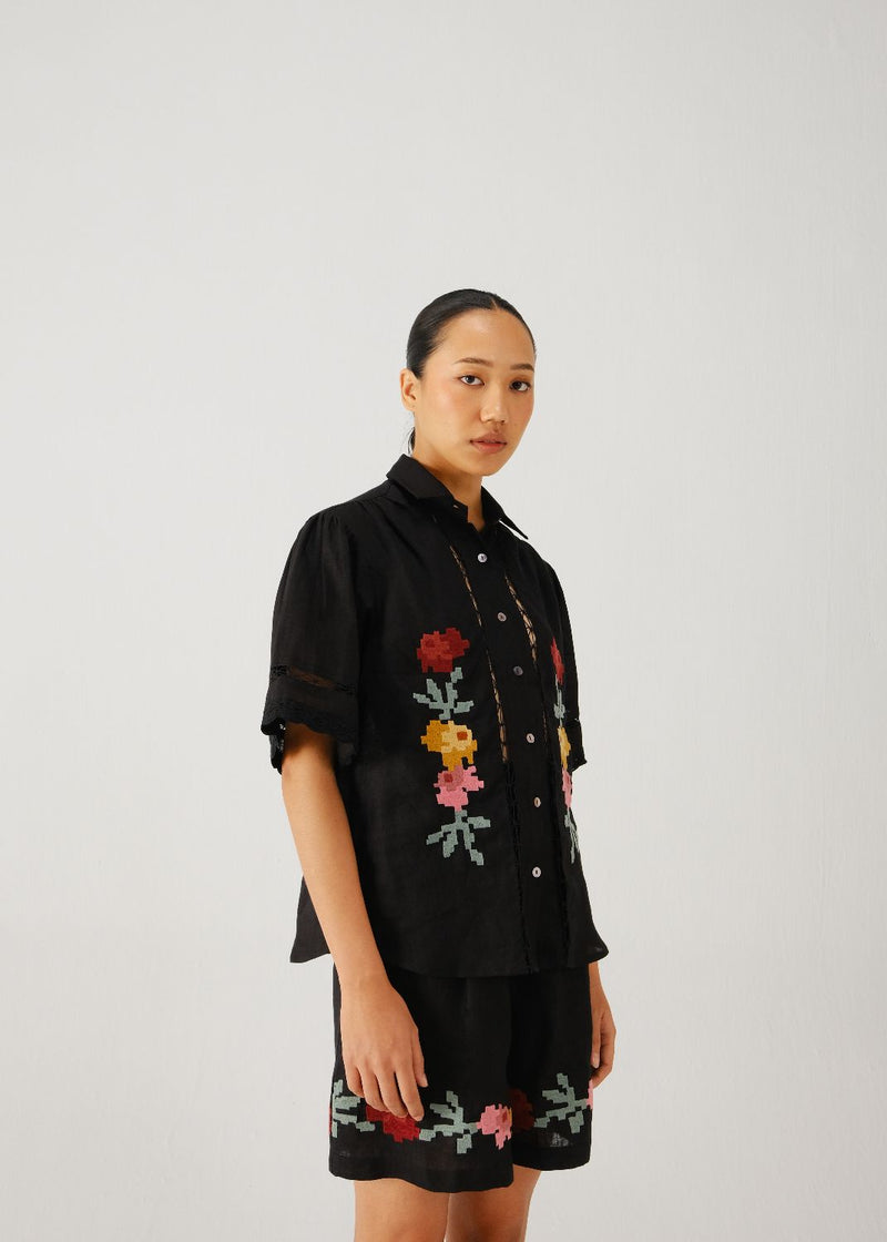 Wide leg shorts-Black pixel emb. linen by CORD for women in Singapore